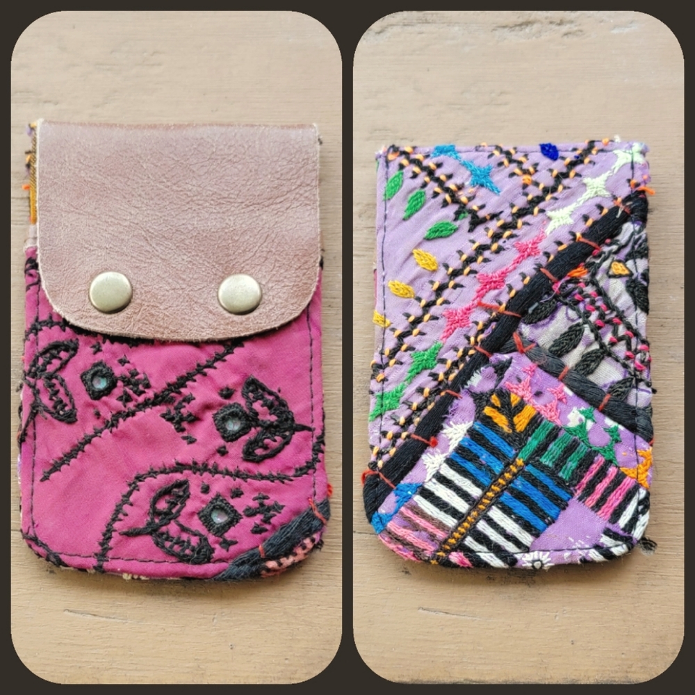 🧠🍳 Free People Boho Embroidered Repurposed vtg banjara hippie Wallet card case
